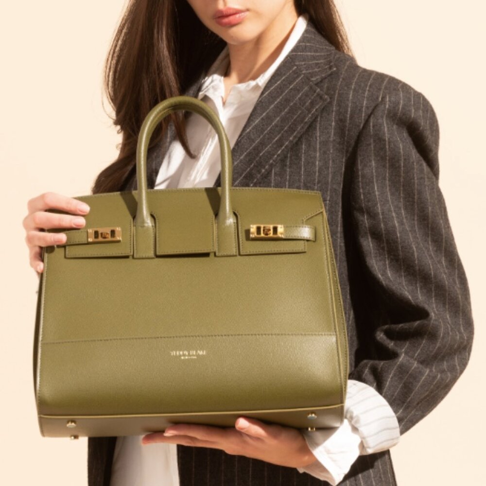 Teddy Blake Giorgia Palmelatto Gold 14" Olive Leather Satchel Bag Made in Italy